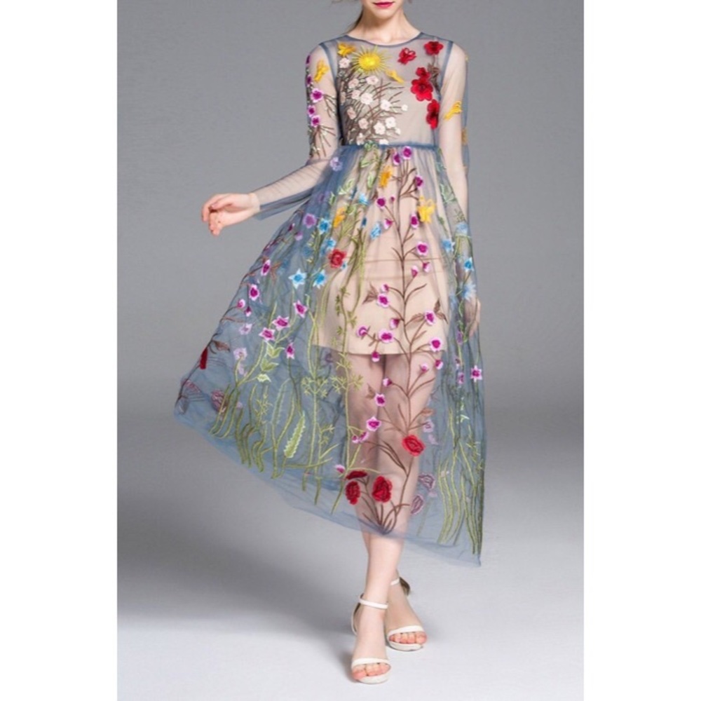 Blueoxy Blue Floral Maxi Sheer Swing Dress